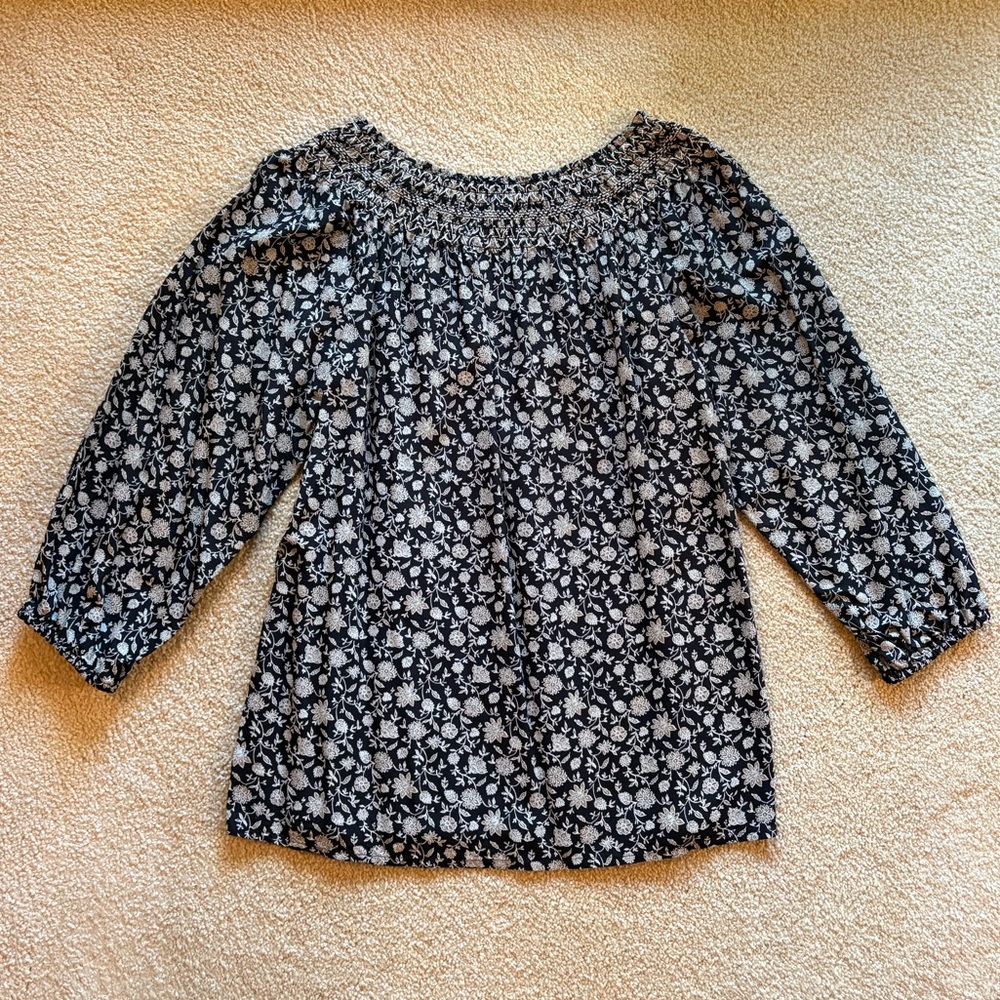 J. Jill Black with Tan Vine Flowers, Smocked Two Way A-Line Top. NWOT.